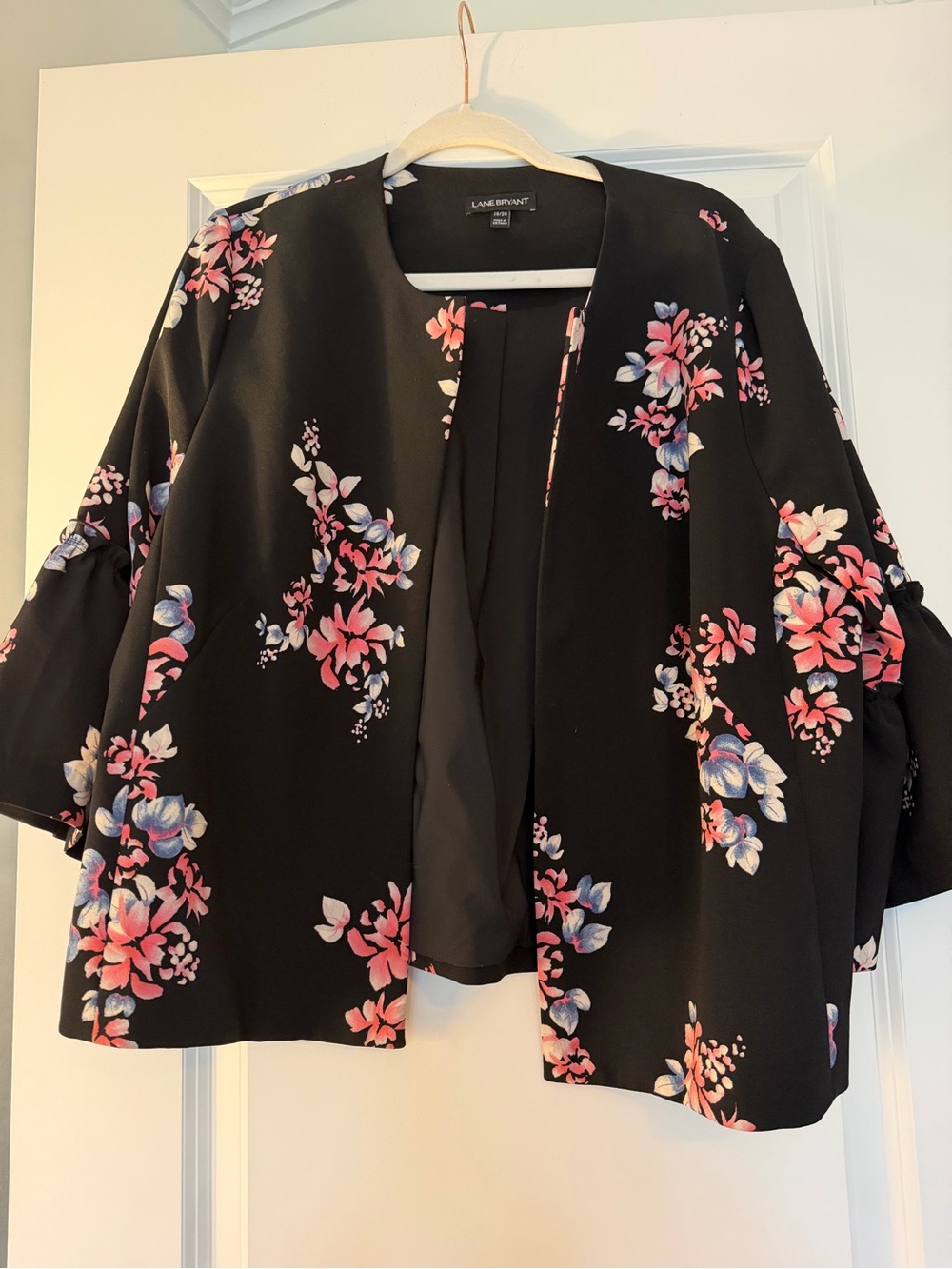 Lane Bryant Black Floral Open-Front Blazer with Pink & Blue Flowers